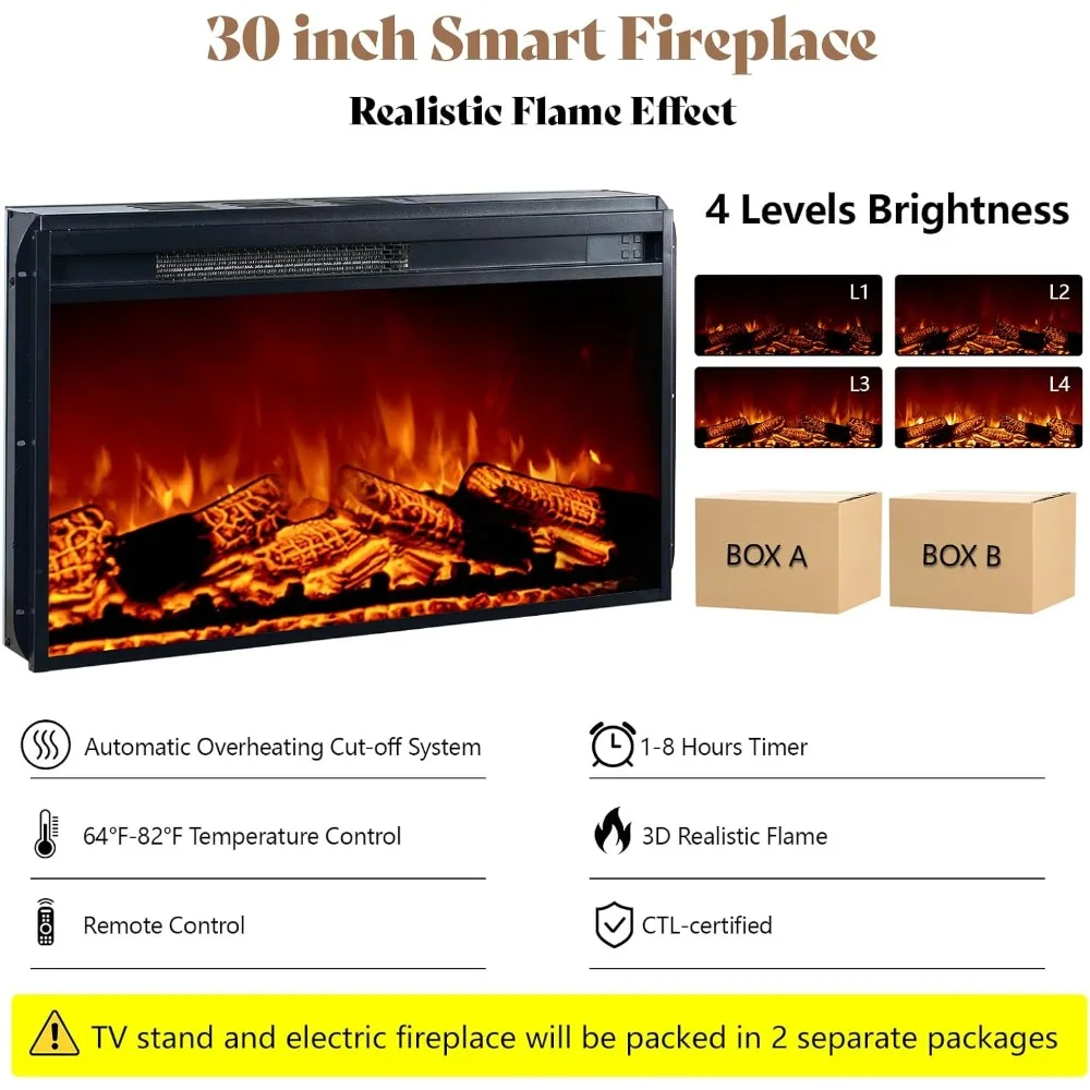 70 Suporte de TV com lareira de fazenda, mesa de centro de entretenimento com lareira elétrica de 30 '', console de TV