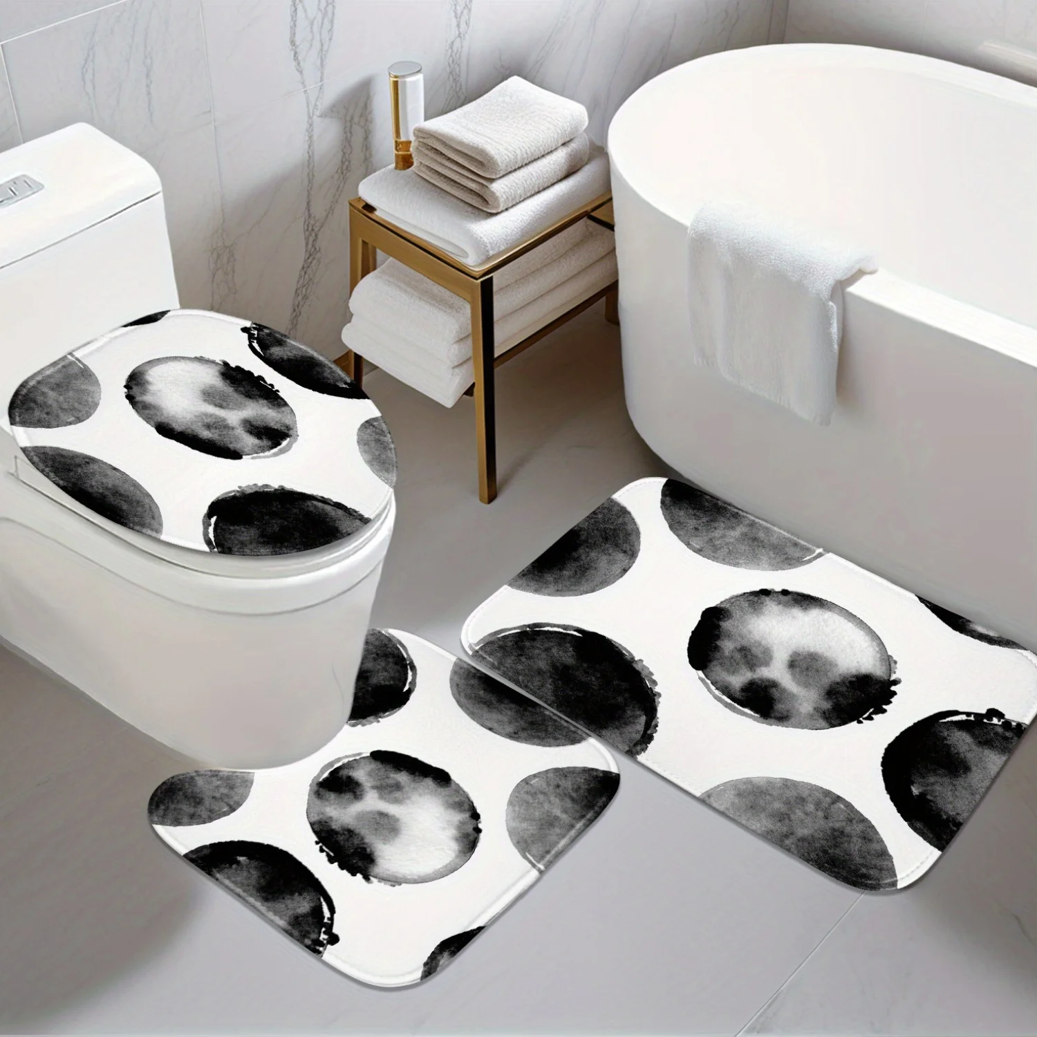 

Bathroom Antislip Mat 3pcs Set Black And White Inkblot 2D Flat Design Pattern Digital Printing Includes Antislip Mat,