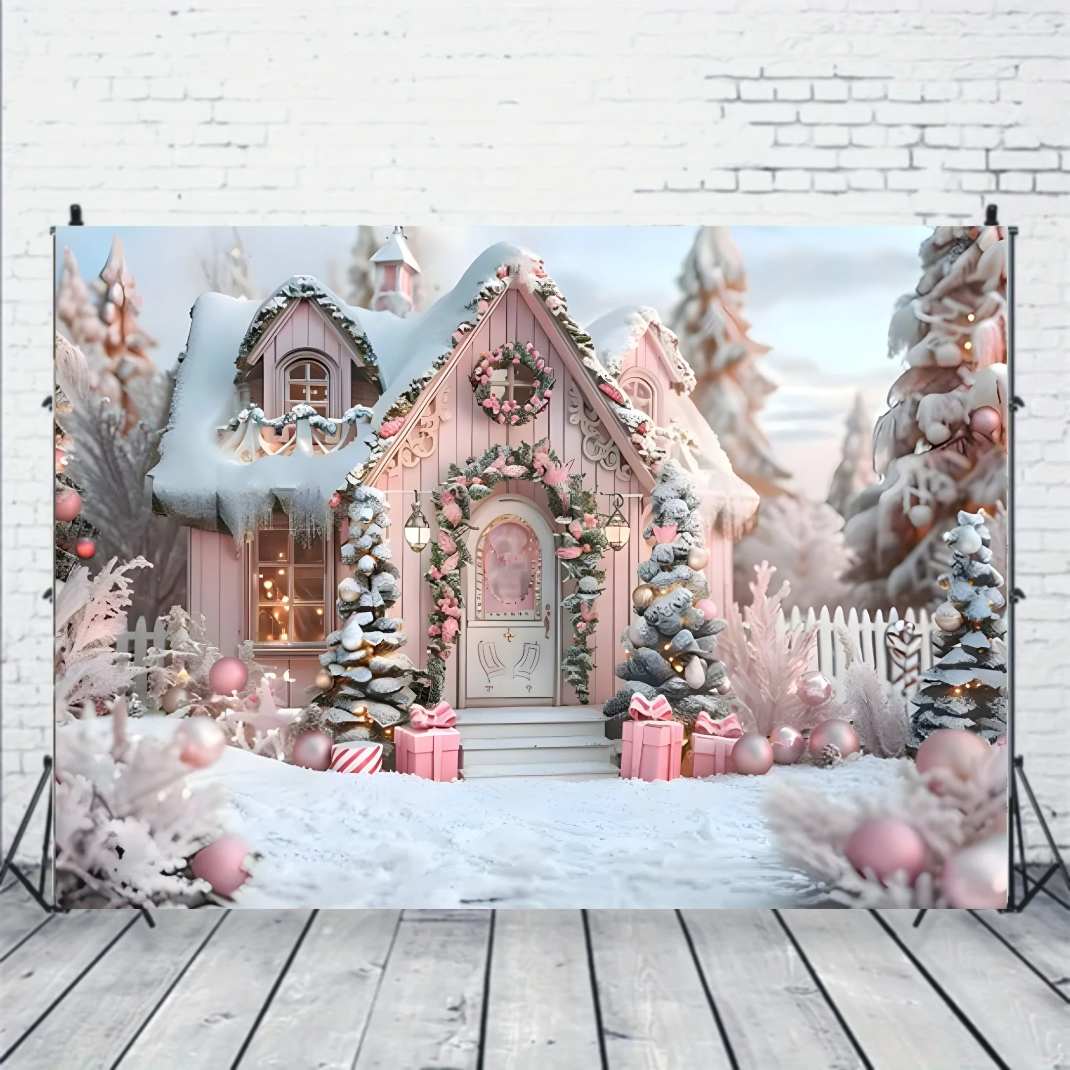 Pink Christmas Cabin Background -Winter tree and gift box design studio banner for party decorations, birthday celebrations, etc