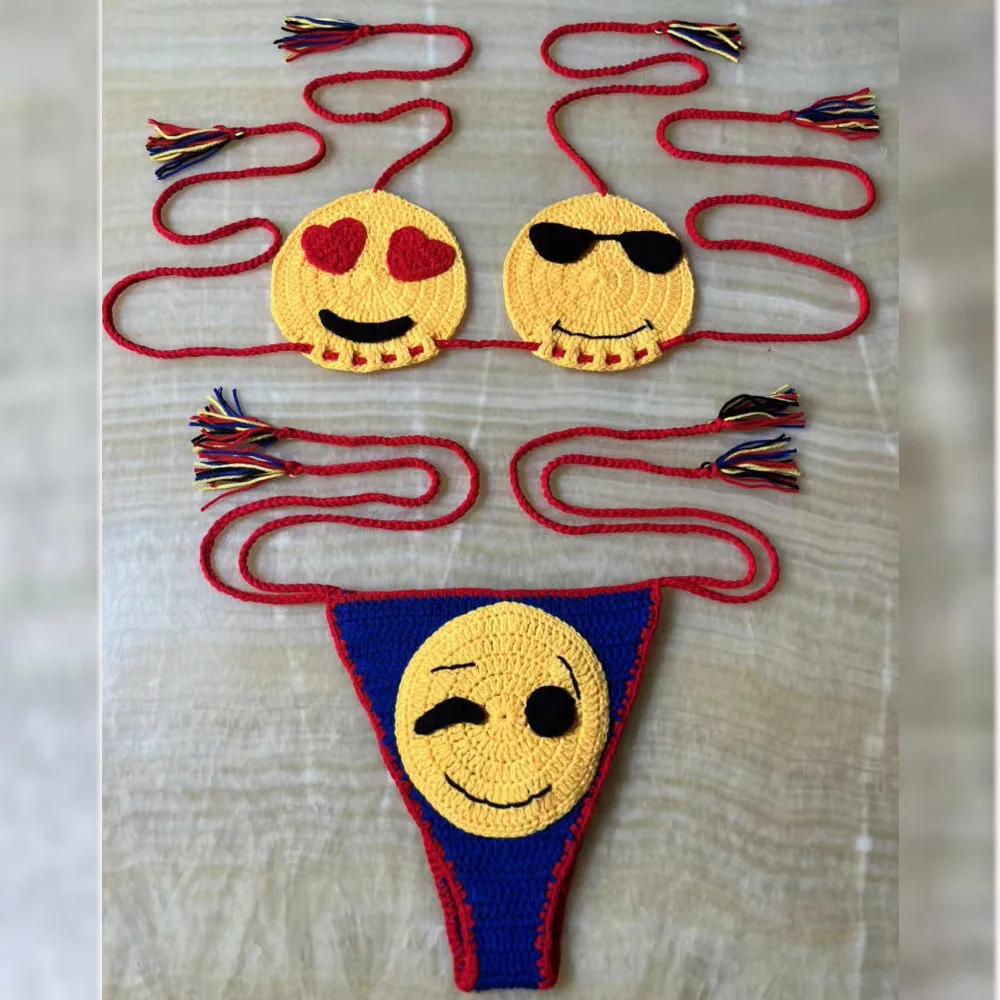 Nueva moda Patchwork dibujos animados conjuntos de dos piezas traje de baño mujeres colorido traje de baño divertido traje de baño conjunto de Bikinis de punto