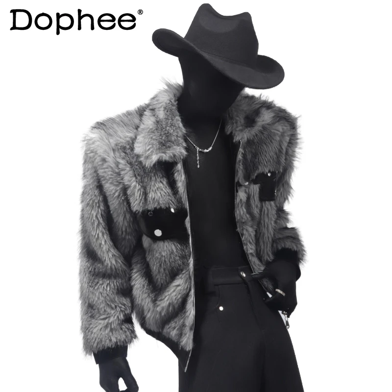 

2025 Men's Winter New Light Luxury Elegant Temperament Faux Fur Splicing Warm Jackets Men's High-end Long Sleeve Handsome Coats