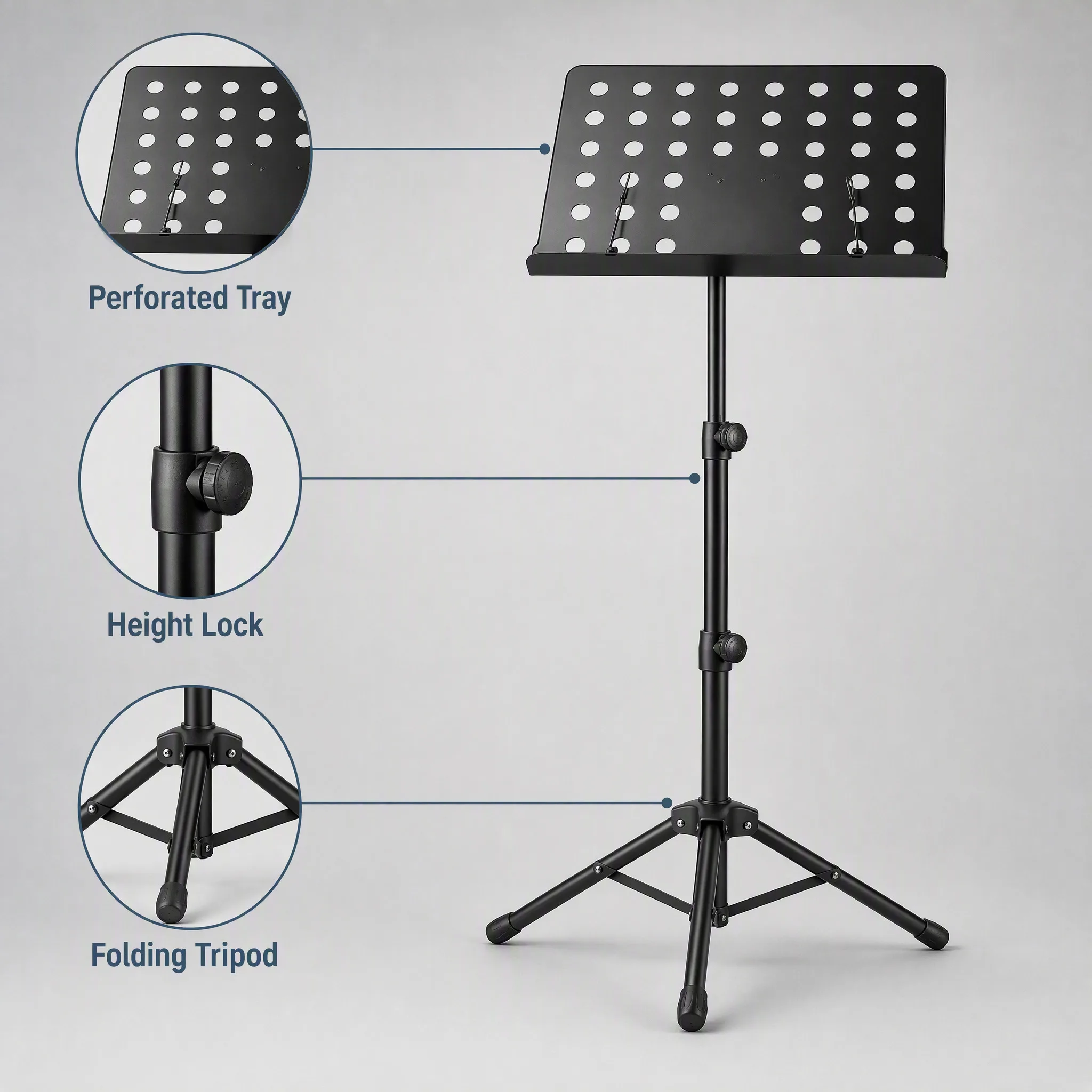 Adjustable Music Stand Telescopic Foldable Tripod Matte Black Metal for Sheet Music and Tablet