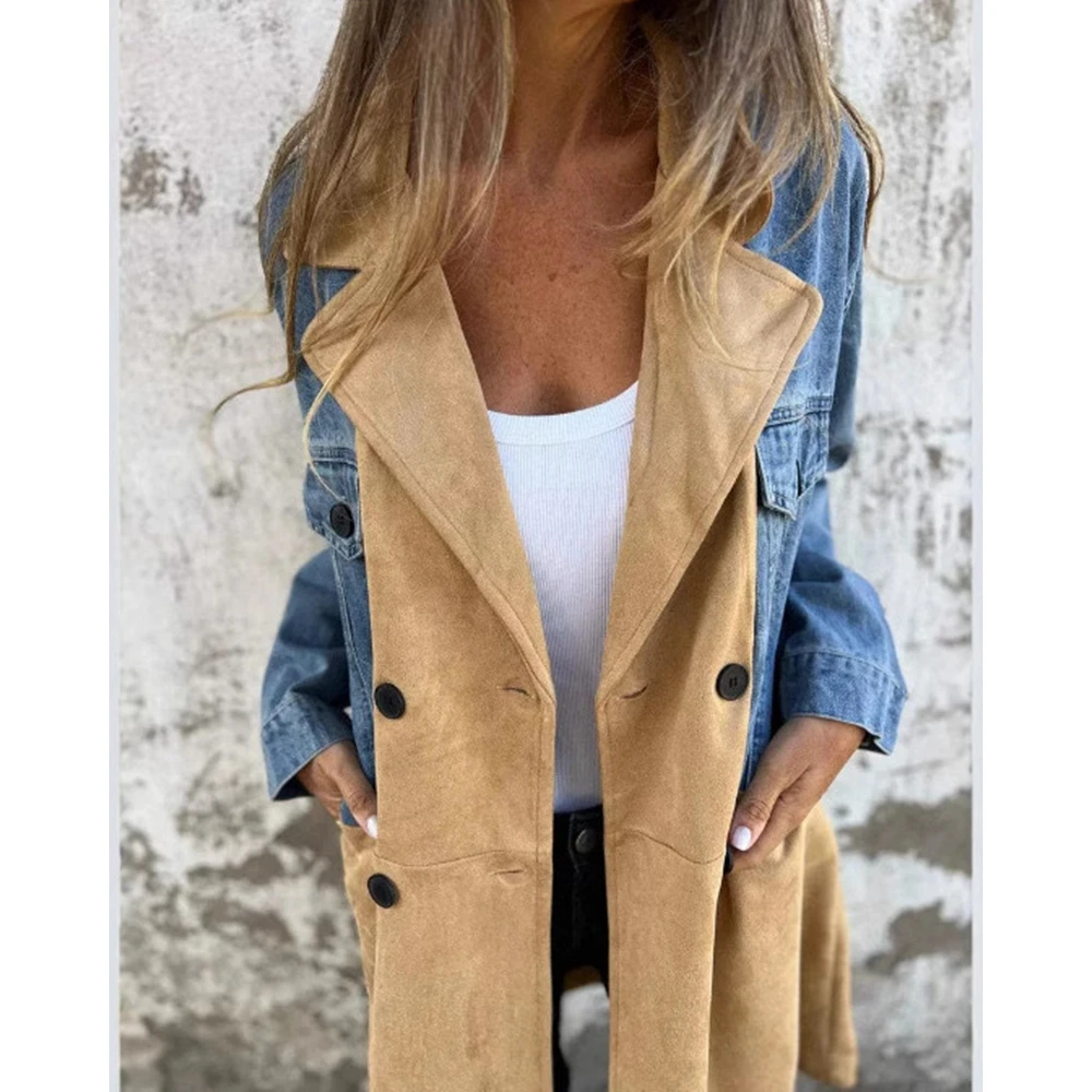 Roupas de outono femininas gola nodched colorblock retalhos trench bolso decoração duplo breasted jaquetas manga longa casaco roupas