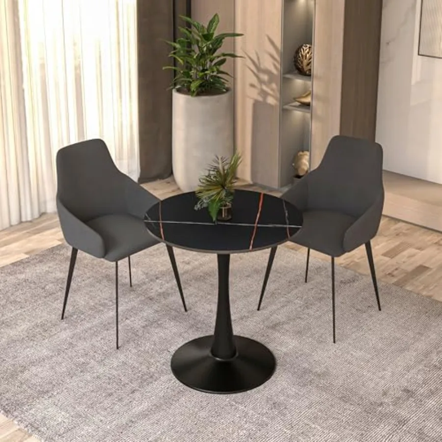 24 Round Dining Table for Kitchen Dining Room Sintered Stone Top, Black Mid-Century Modern Cafe Table with Black Pedestal Base