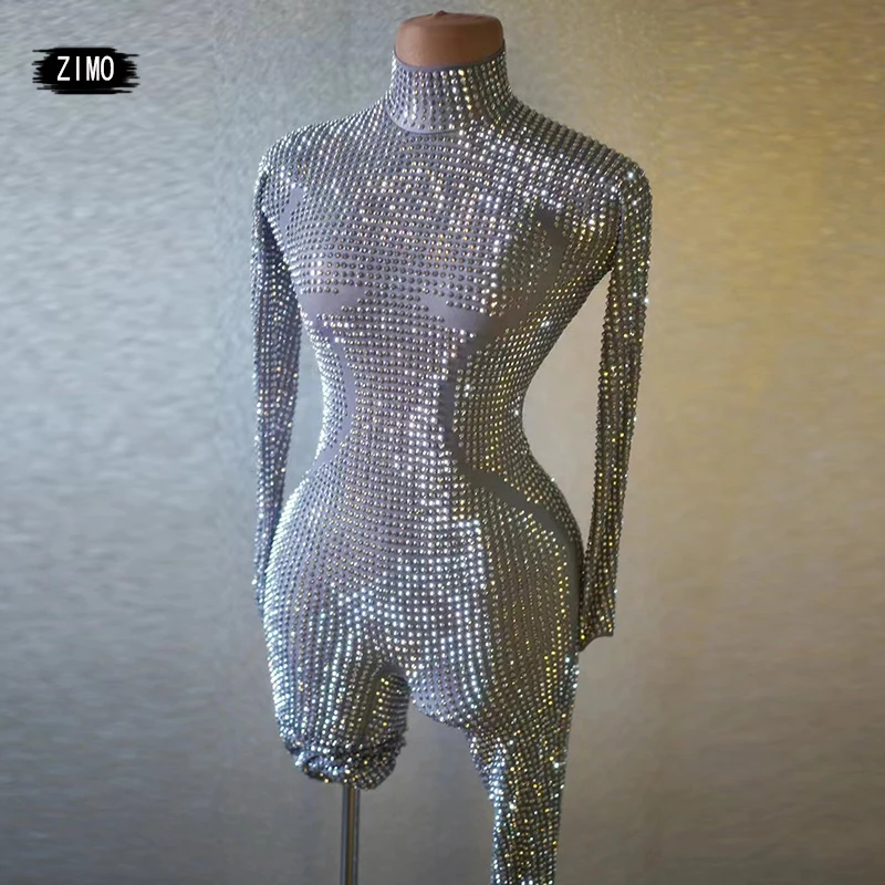 luxury Sparkly Rhinestones silver Jumpsuit women sexy Performance evening party birthday club Stage drag queen festival outfits