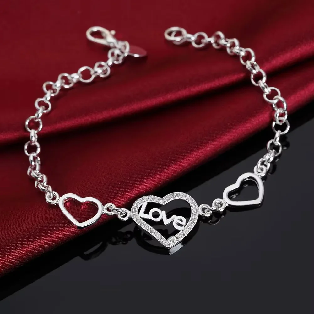 Hot Popular 925 Sterling Silver Romantic Crystal LOVE Heart Bracelet For Women Fashion Wedding Party Christmas Gift Fine Jewelry
