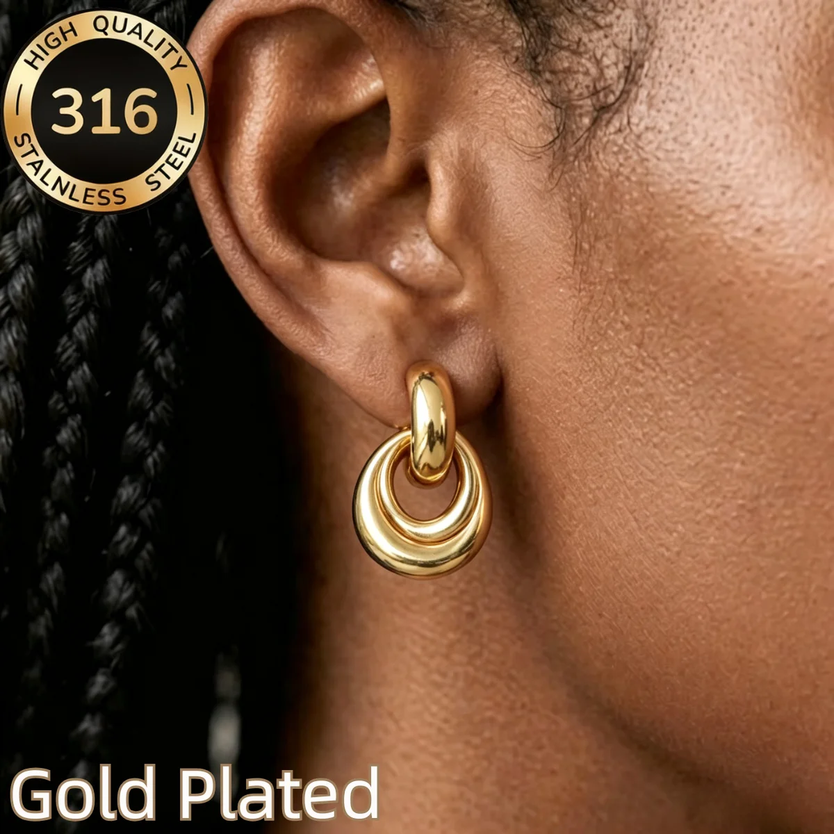 1 Paar Vintage Runde Ovale Ohrhänger für Damen, Trendige Metallische Wassertropfen-Ohrringe, Vergoldeter Edelstahlschmuck für Partys
