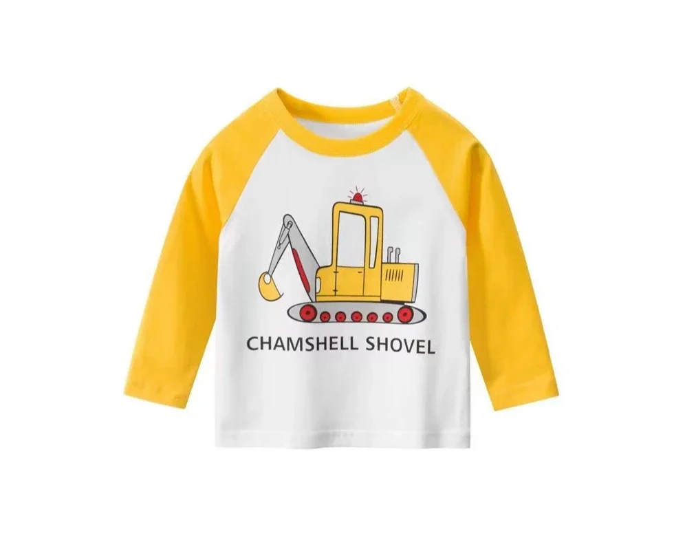 Toddler Spring and Autumn Top Round Neck Cartoon Excavator Hot stamping Neutral Short sleeved T-shirt for daily wear