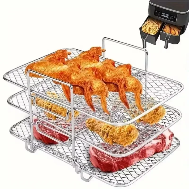 Stainless Steel Drain Multi-Layer Air Fryer Grill Detachable Air Fryer Cooking Rack Air Fryer Three Layer Stackable Grill