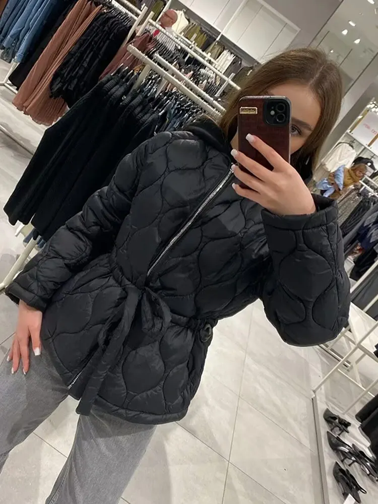 Vestes en coton pour femmes, manteau grille de diamant, col rond, cordon de serrage à la taille, manches longues, vêtements d'extérieur amples pour dames, hiver