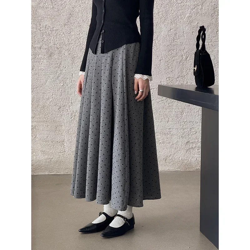 

Korean Style Fashion Vintage Simple Dot Gray Maxi Skirts Autumn Winter High Waisted A-line Elegant Pleated Long Skirts for Women
