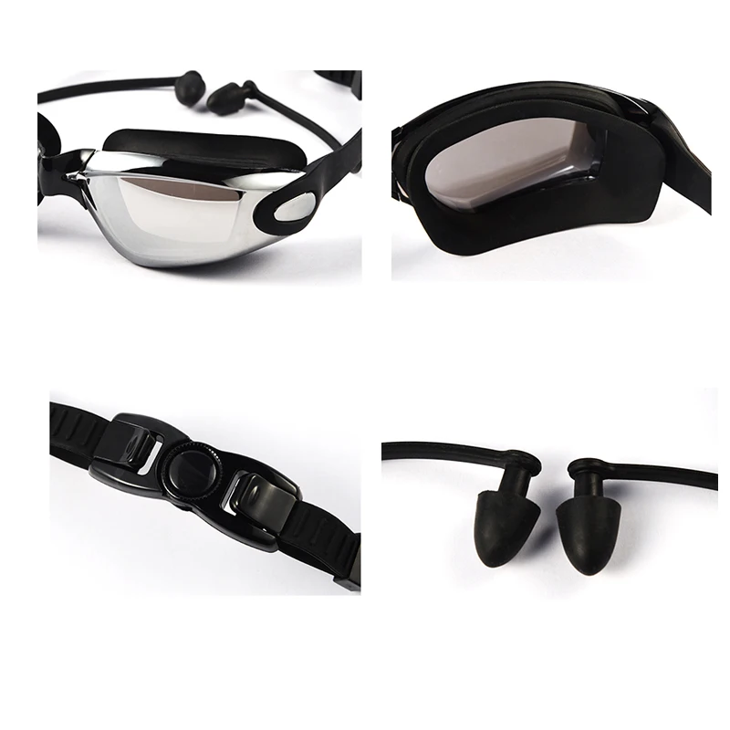 Swim Goggles with Cap Ear Plug Nose Clip Suit Professional Swimming Glasses Anti-fog PU Hat Waterproof Swim Eyewear