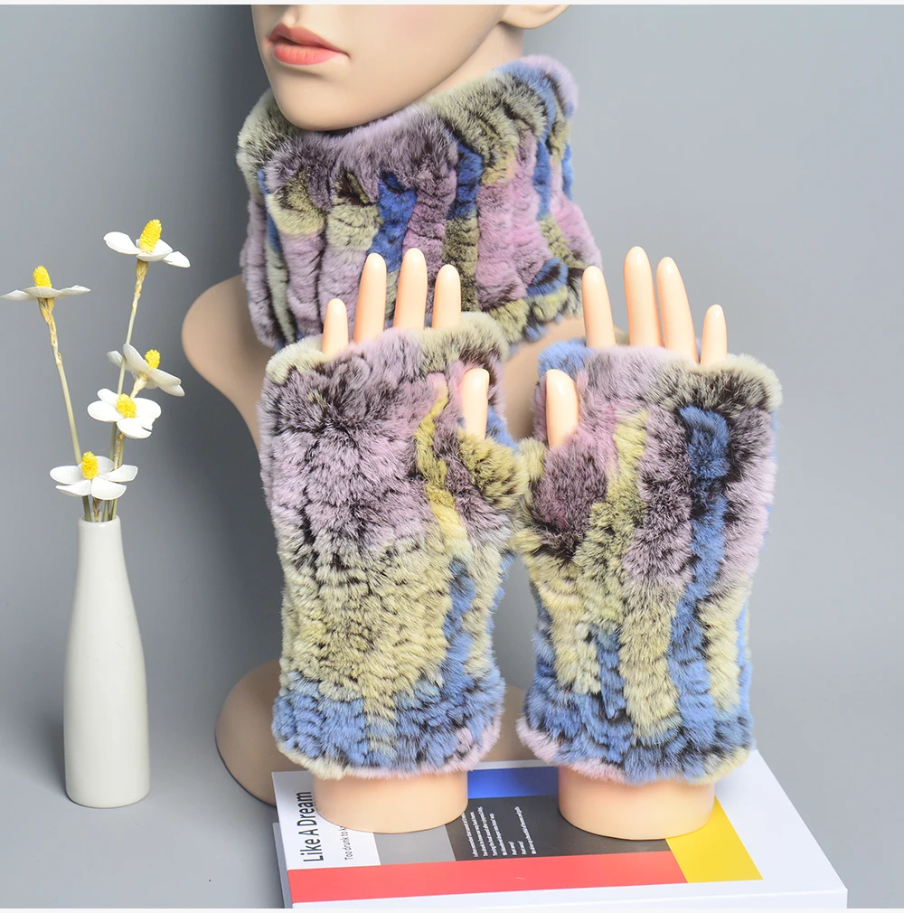 One Set Women Real Rex Rabbit Fur Cuff+Headband Winter Warmer Hat Arm Wrist Sleeve Gloves Female Real Fur Cap+Elastic Wristband