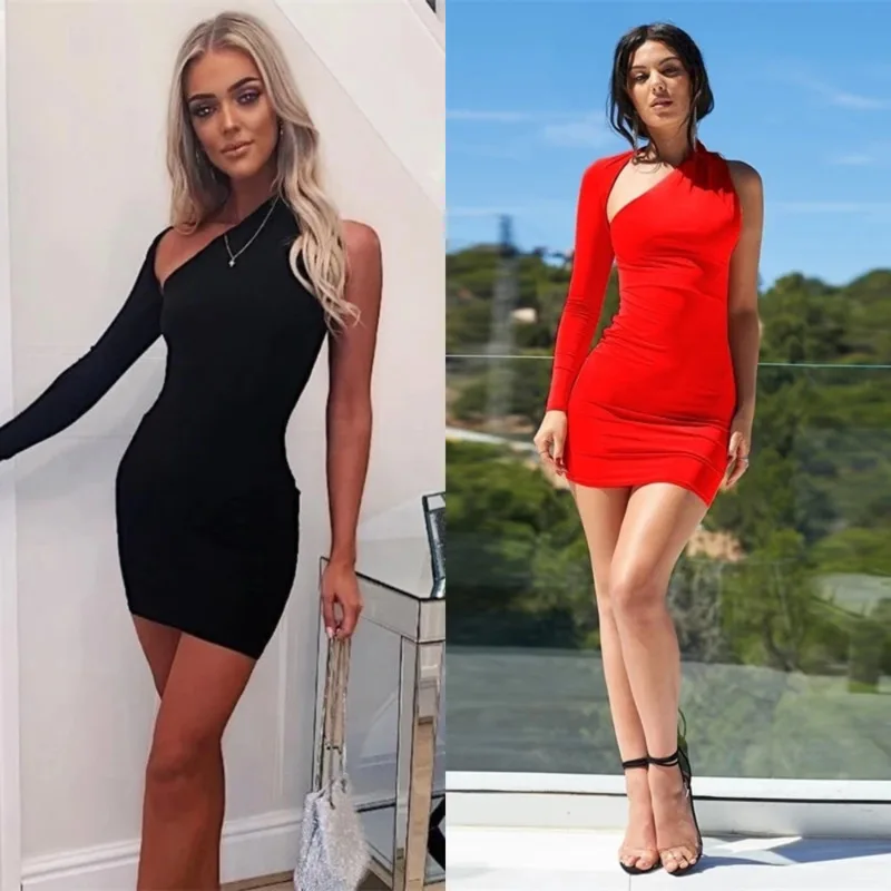 

Sexy One Shoulder Long Sleeve Hip Wrapped Dress Irregular Short Dress With High Street Style Fashion Women's Solid Color Dress