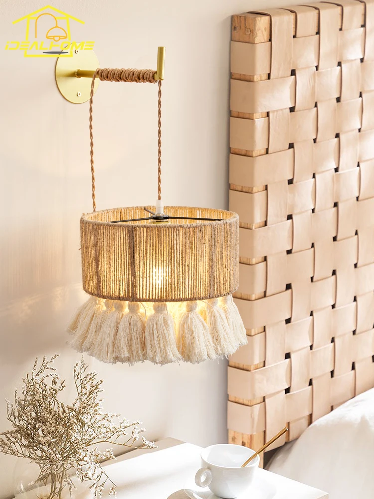 Imagem -05 - Wabi-sabi-hand Knitting Wall Lamp Cream Wind Hemp Rope Borla Led Cabeceira Quarto Café Homestay Design Francês E27