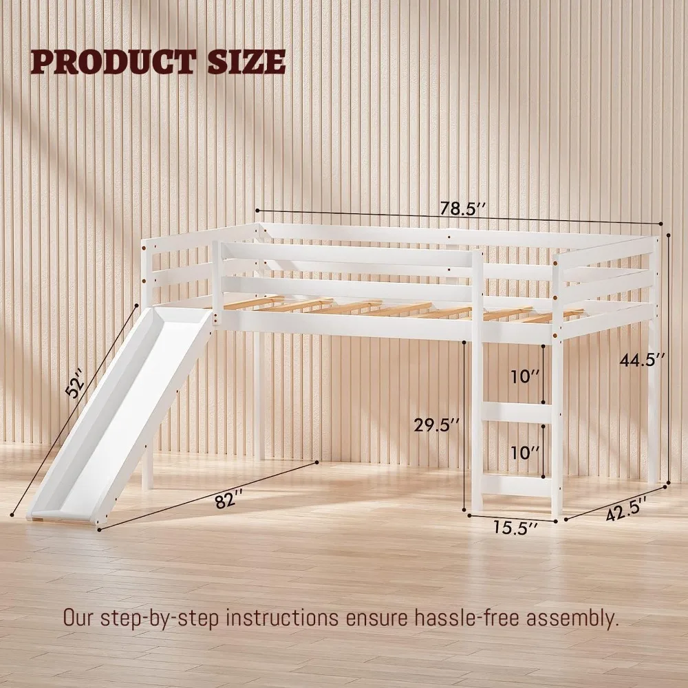 Lit Loft Double avec Glissière, Lit Loft Bas avec Escaliers, Cadre de Lit Loft en Bois Massif avec Échelles d'Escalade, R64 et Support