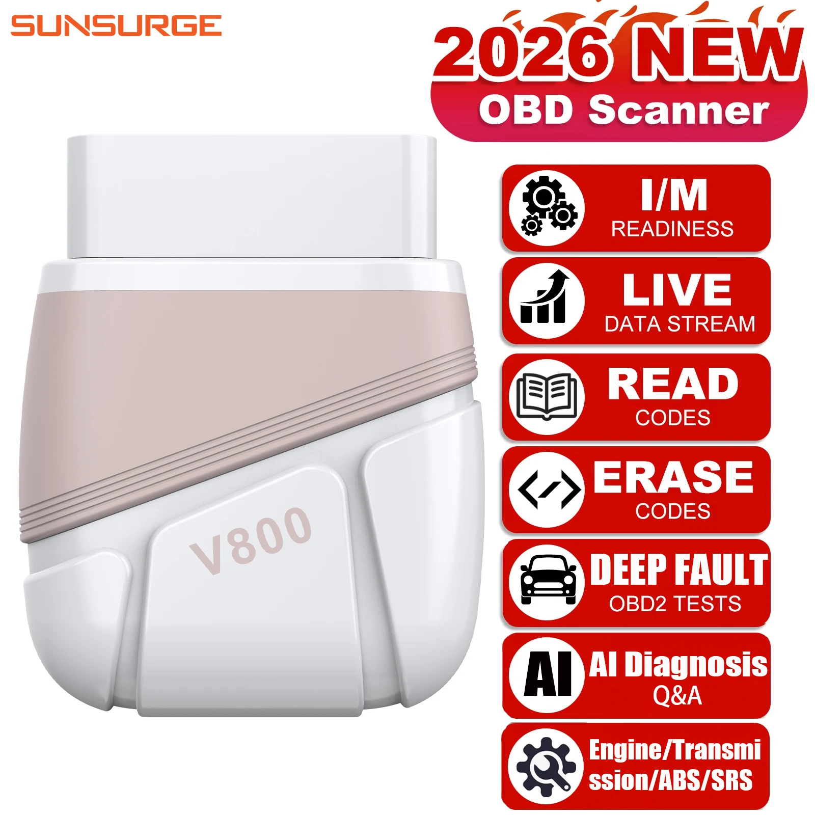Scanner OBD2 Sunsurge V800 per la Diagnosi del Motore, Accessori Auto, Eliminazione Rapida dei Codici di Errore, Lettore di Codici Motore con Test del Flusso Dati per iOS, Android e Windows, Strumento