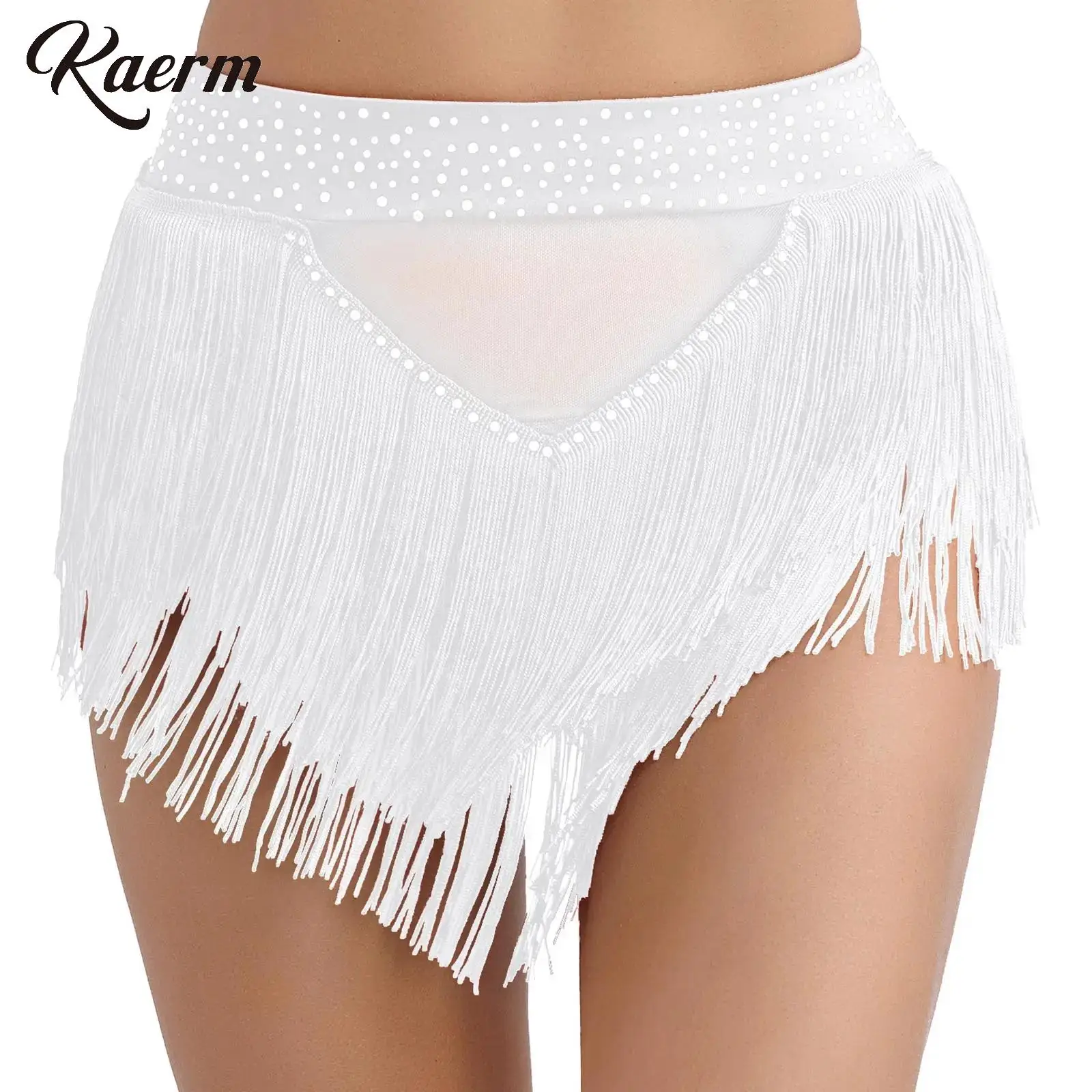 Women Shiny Rhinestone Tassel Belly Dance Mini Skirt High Elastic See Through Mesh Briefs Underwear Latin Jazz Samba Dance Wear