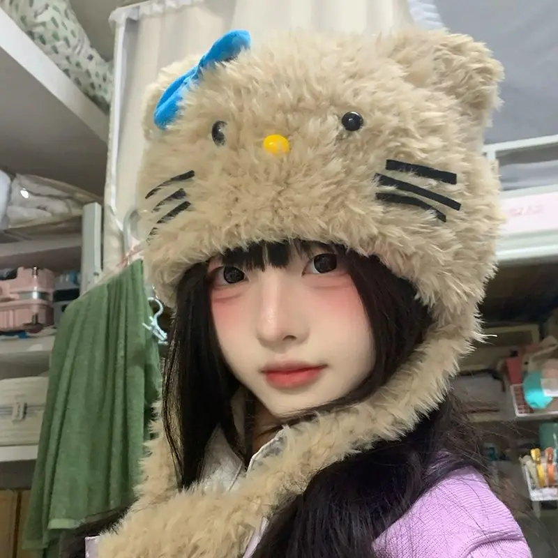 

Sanrio Hello Kitty Girls Winter Plush Hat Warm Cartoon Bowknot Korean Style Y2K Gift plus Velvet Sweet Age-Appropriate Kawalii