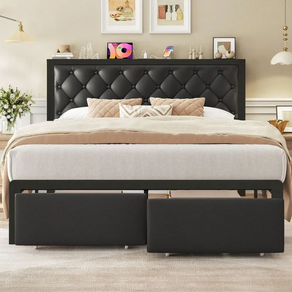 

Bed Frame With 2 Storage Drawers, Tufted Upholstered Headboard With Charging Post, No Springs, No Noise, AllMetal Construction,B
