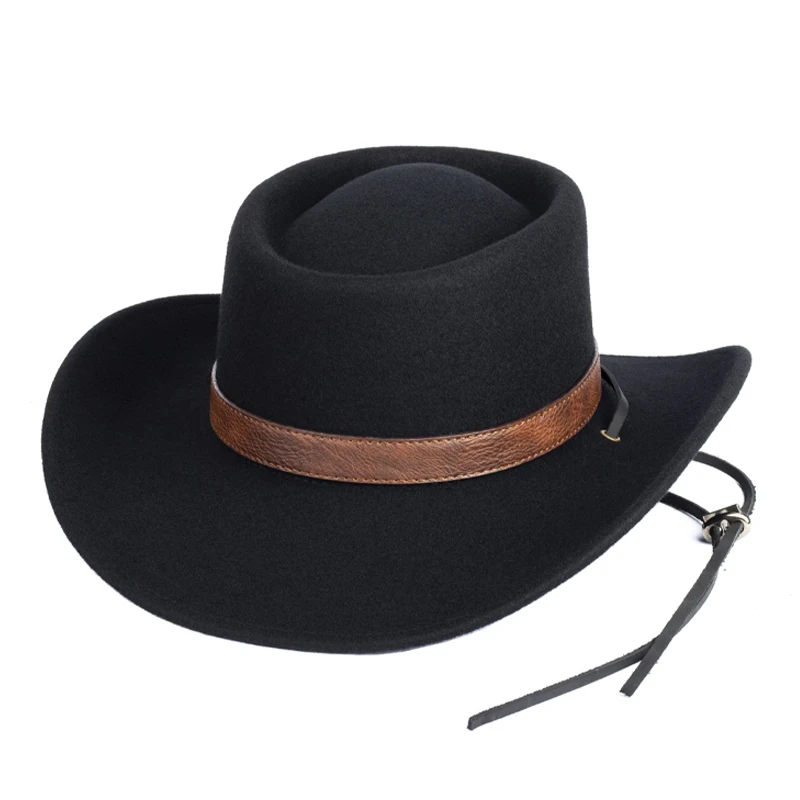 Women Men Classic Felt Fedora Hat Wide Brim Flat Top Boater Hat ,Black Coffee Color Adjustable American Western Cowboy Hats