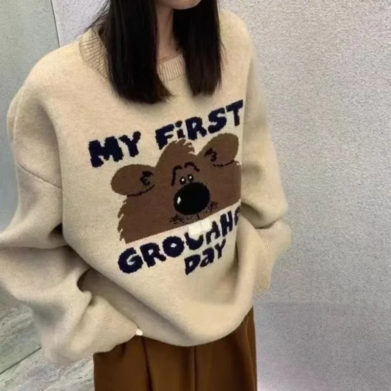 

Thick Sweater Women Autumn Winter 2025 New Bear Jacquard Loose Lazy Style Long-sleeved Loose Outer Knitted Top