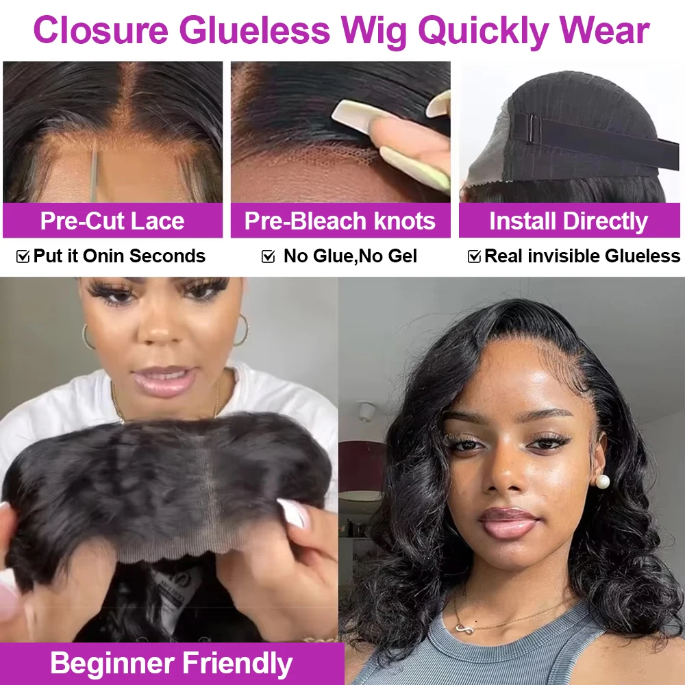 Bob Glueless Perücke Body Wave Kurz 13x4 HD Lace Frontal 100% Echthaar Brasilianisch Lockig Pre-plucked Wear and Go für Schwarze Frauen Versand aus FR Lager – Detail 2