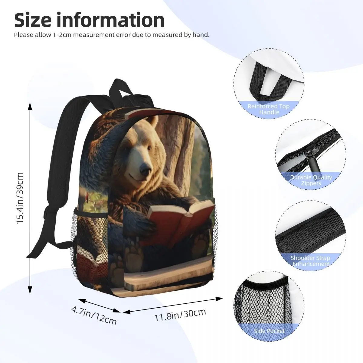 Cartoon Bear Read Books In Forest Backpack Daypack Large Capacity Boys Girls BookBag Shoulder Bags for Men Women Kids School Bag