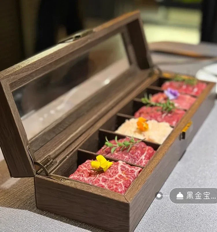 創作バーベキューボックス-和風バーベキュー-木箱-蓋付き大皿-木目調-レザー-芸術的コンセプト皿-和風m