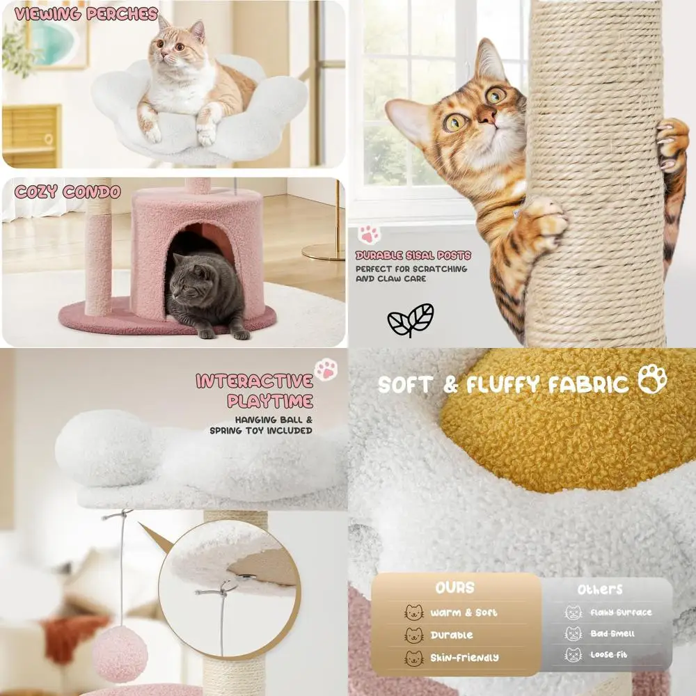 

33-inch Pink Cat Tower with Activity Tree, Scratching Post, Cozy Condo, and Plush Perches