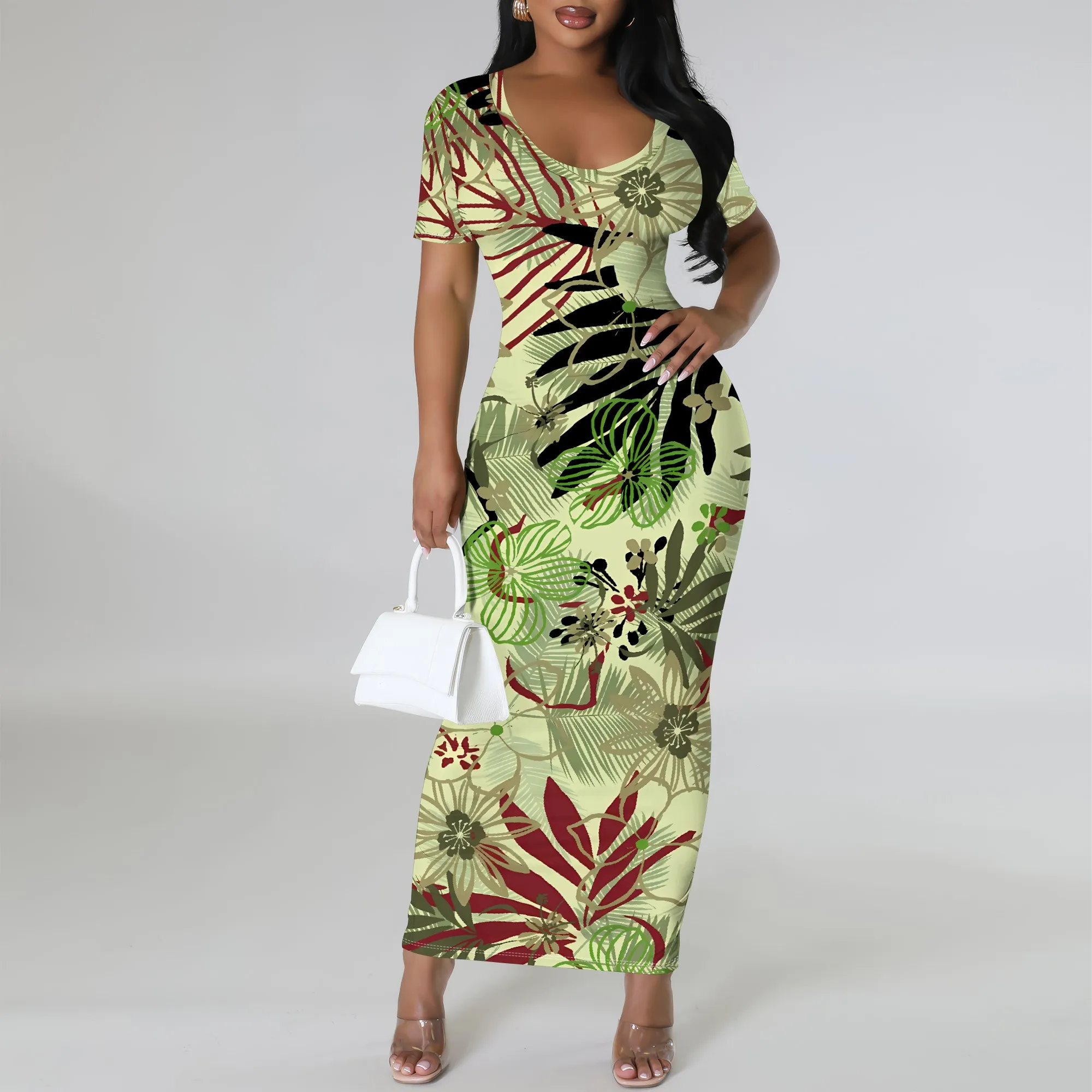 

Nupusa Tropical Leaf Print Dress for Women Regular Size Summer Casual Scoop Neck Short Sleeve Maxi Dress