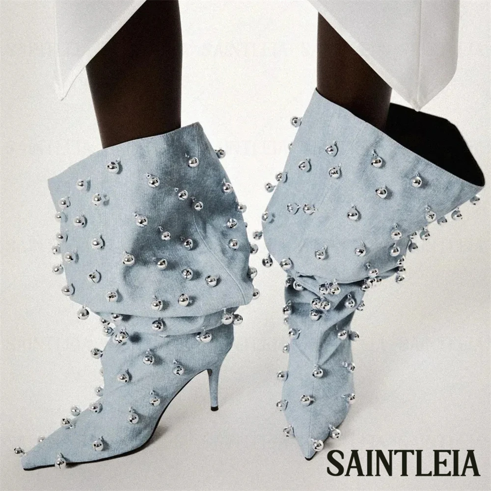 Metallic Bubble Knee High Boots Silver Tone Muted Bells Pointed Toe Pleated Boots Black Leather Blue Denim Slip on Women Boots