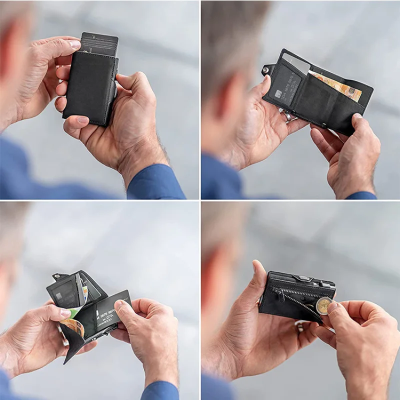 

Pop-Up Credit Card Case with RFID Protection Genuine Leather Wallet Compartment for Notes and Coins Men and Women