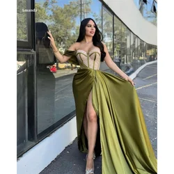 Amanda Green Satin Beaded Prom Gown Off the Shoulder Mermaid Evening Formal Elegant Sleeveless Side High Split Party Dresses