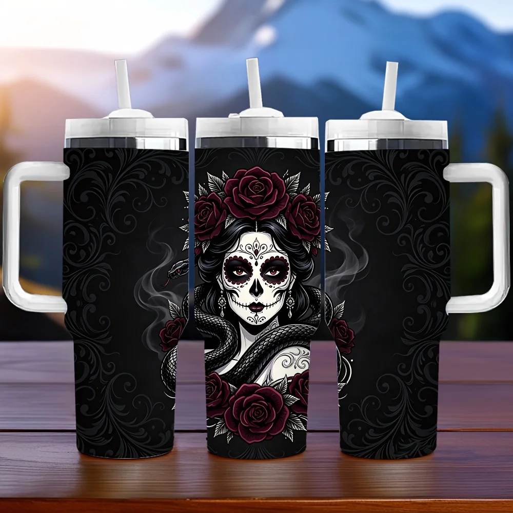 40Oz Insulated Tumbler with Handle, Rose Sugar Skull Print, Great for Skull Art Enthusiasts, Keeps Drinks Temperature for Long, Ideal for Daily And Travel Use, Perfect Holiday And Birthday Gift