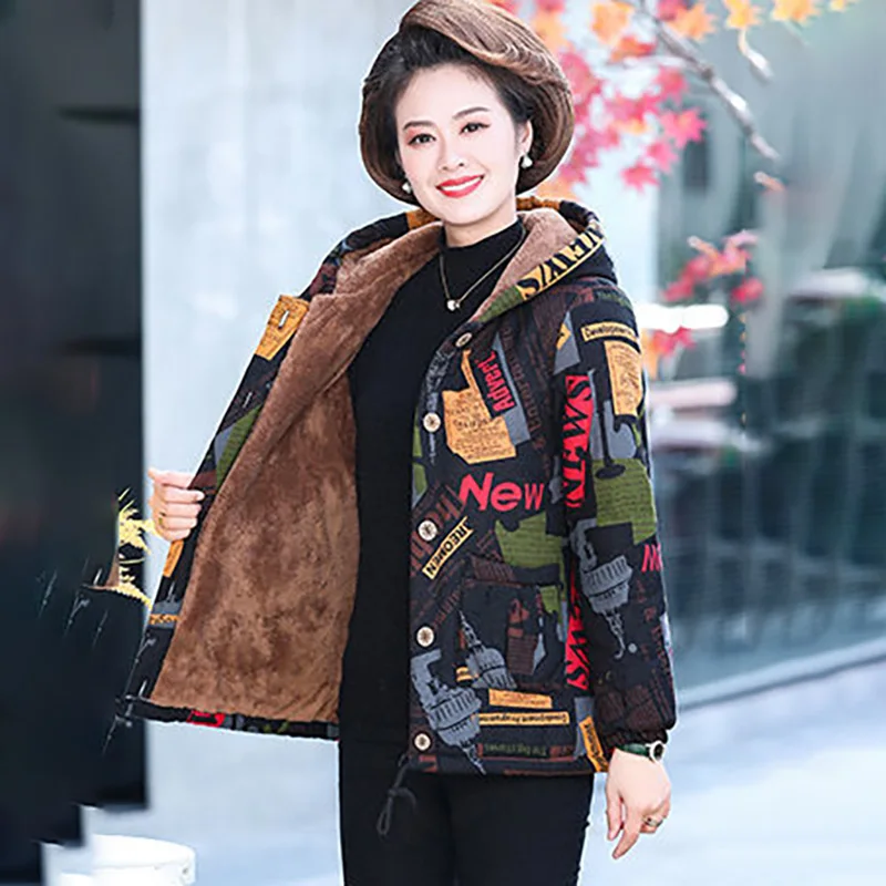 Mother Winter Down Cotton-padded Jacket 2024 New Middle-aged And Elderly Women Large Size Fleece Fashion Print Warm Coat Women6X