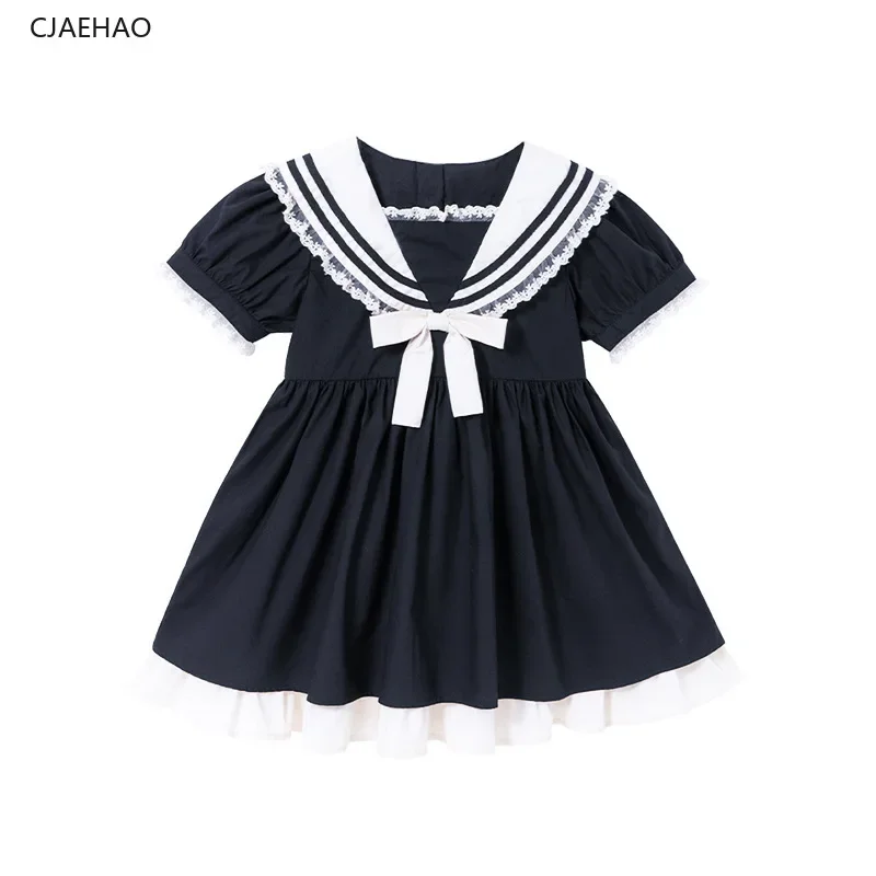 

2024 Korean Dress for Kids Girl Children Clothes Princess Sailor Collar Short Sleeve Ball Gown Infant Girls Casual Outdoor Black