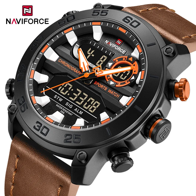 NAVIFORCE Man Watch Military Sports Analog  Fashion Leather Quartz Wristwatches Day and Date Display Waterproof Clock Male Gift