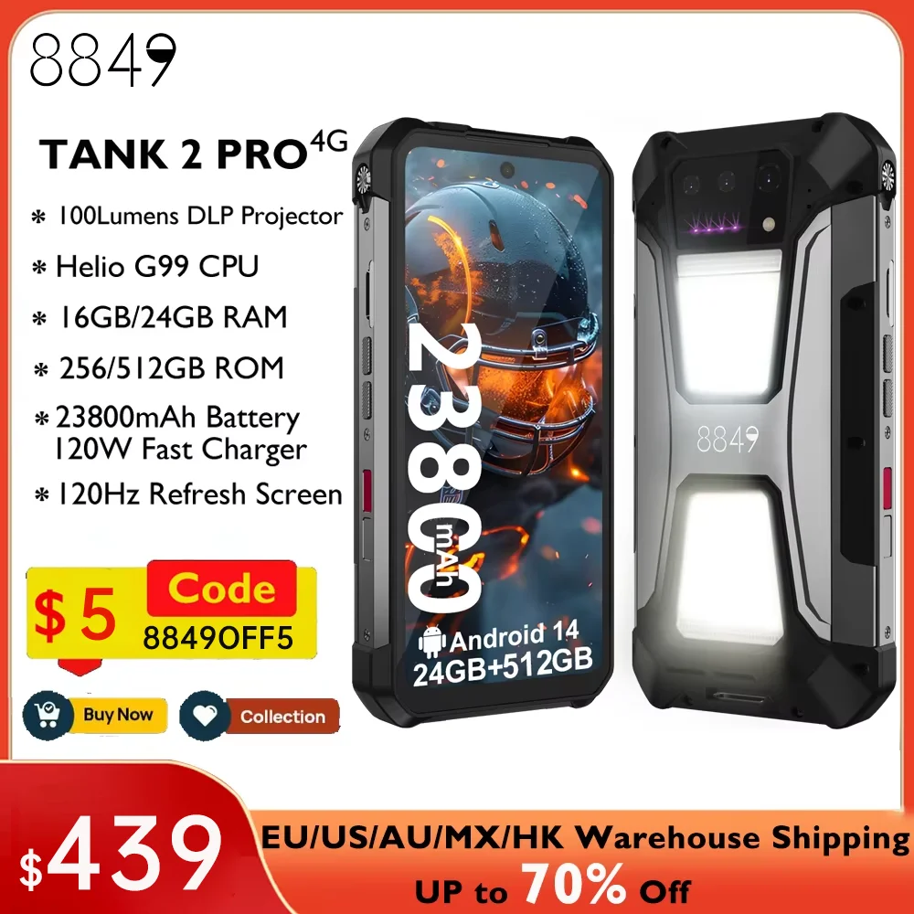 8849 Tank 2 PRO هاتف ذكي متين مع جهاز عرض 6.79 بوصة 2.4K عرض 24 جيجابايت 512 جيجابايت هاتف محمول 23800 مللي أمبير 120 واط أندرويد 14