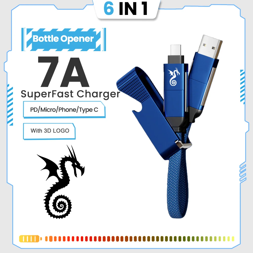 

PSDA 3D 7A 6 IN 1 Bottle Opener VOOC Super Fast Charge Data Type C Cable For phone Huawei Charger Liquid Silicone Elbow Cable