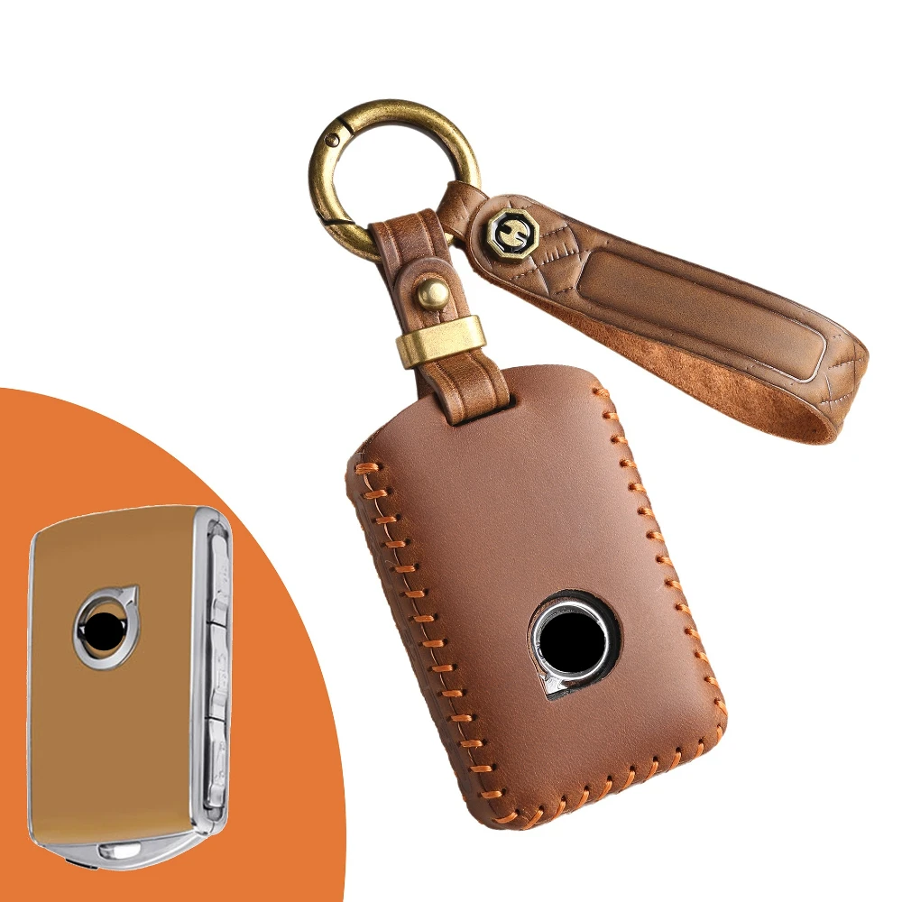 Echtes Leder Schlüsselhülle für Volvo XC40 XC60 XC90, Vintage-Stil Rindsleder-Etui mit Metallbeschlägen, Blau/Braun Farboptionen