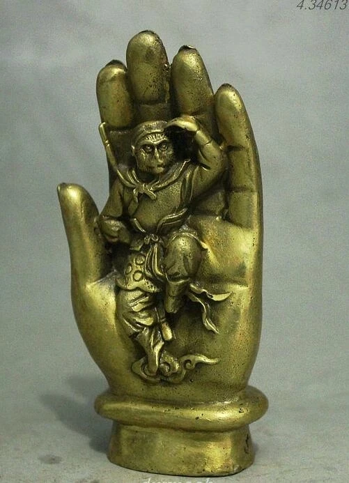 Folk Chinese myth Brass Tathagata Buddha Hand Sun Wu Kong Monkey King Statue