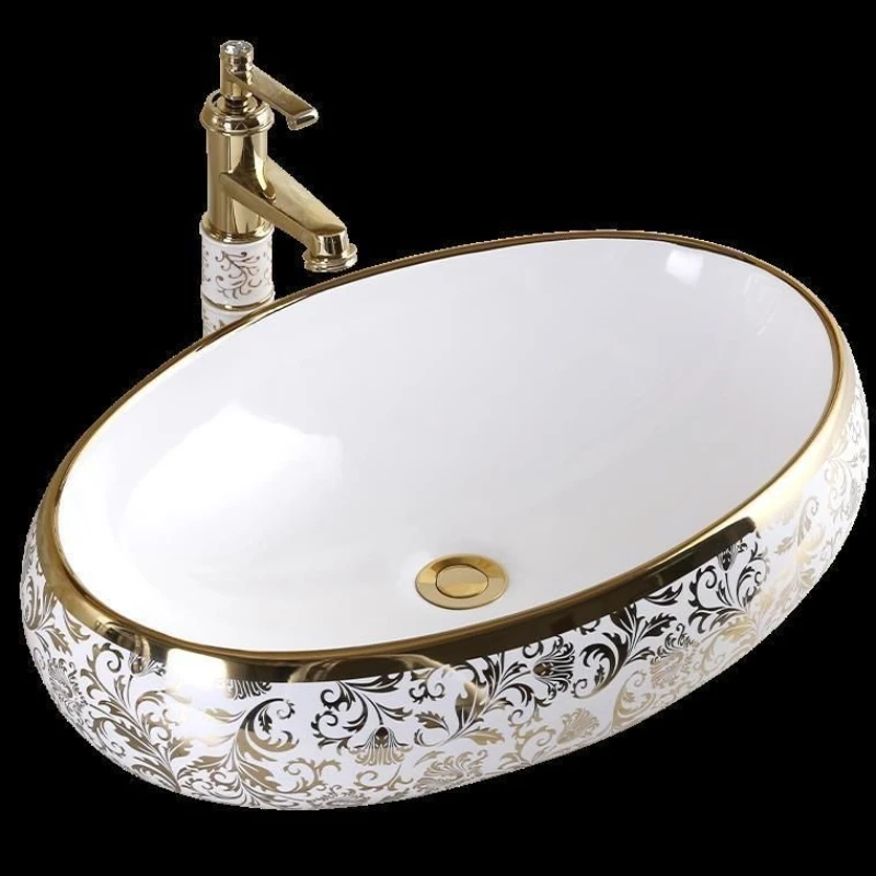 

Golden square table oval ceramic wash basin art basin