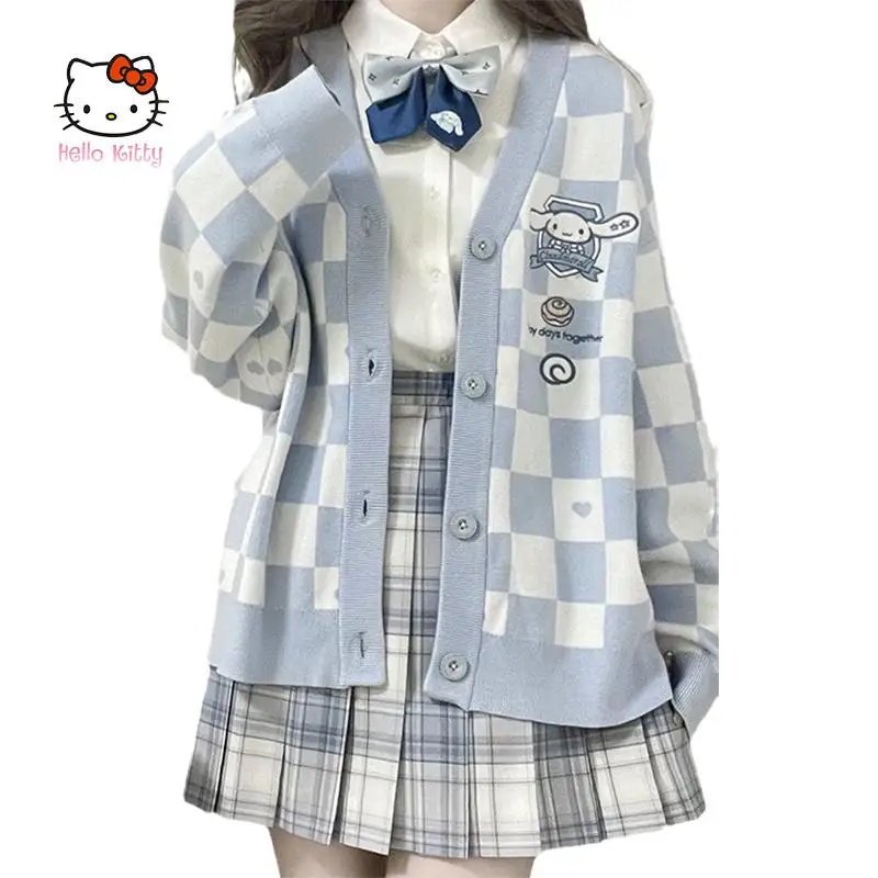 Kawaii Sanrio Cinnamoroll Plaid Sweater Cartoon My Melody Kuromi Pompom Purin Girl Cardigan Loose Top Coat Knitted Sweater Gift