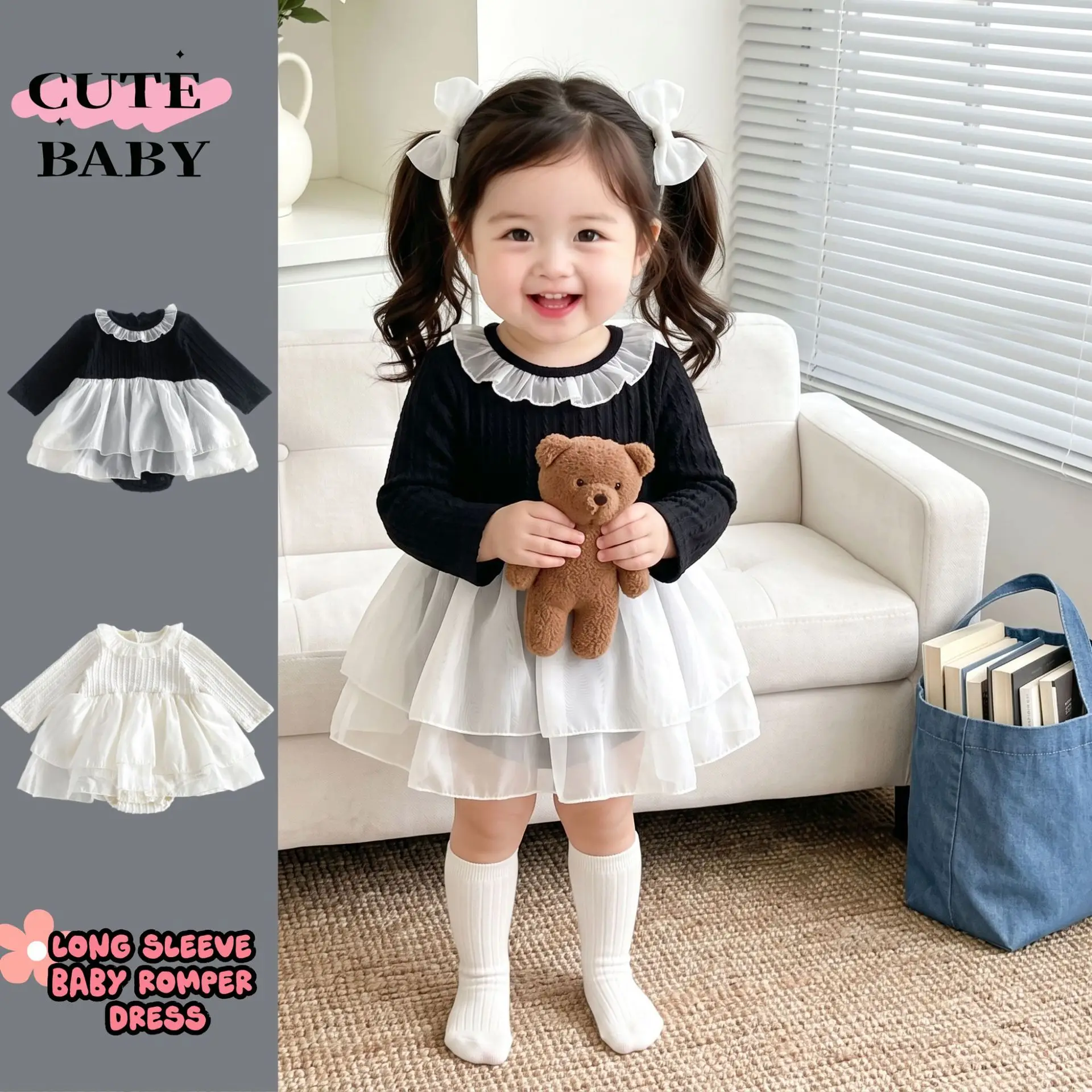 Girls' Autumn Lace Doll Collar Long Sleeved Dress 2026 Cute Baby Girl Full Moon One Year Old Crawling Princess Dress