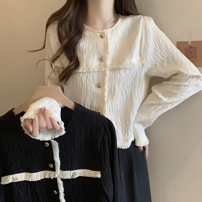 

Commute Fashion Tassel Blouse Women's Clothing Basic Folds Spliced Spring Autumn Round Neck Loose Single-breasted Short Shirt