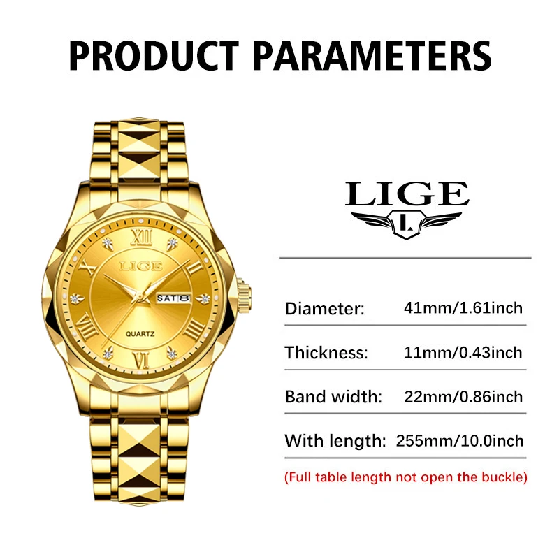 LIGE Ladies Wristwatch Luxury Waterproof Luminous Date Gold Watch For Women Dress Stainless Steel Quartz Women\'s Watches+Box