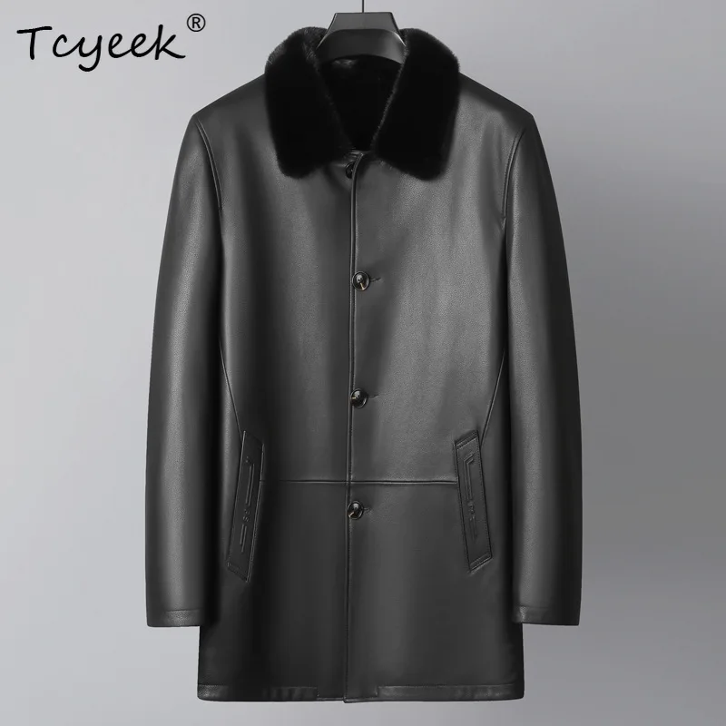 

Tcyeek Real Goatskin Genuine Leather Jacket Men Clothes Business Casual Mens Coats Natural Mink Fur Coat Mid-long Куртка Мужская