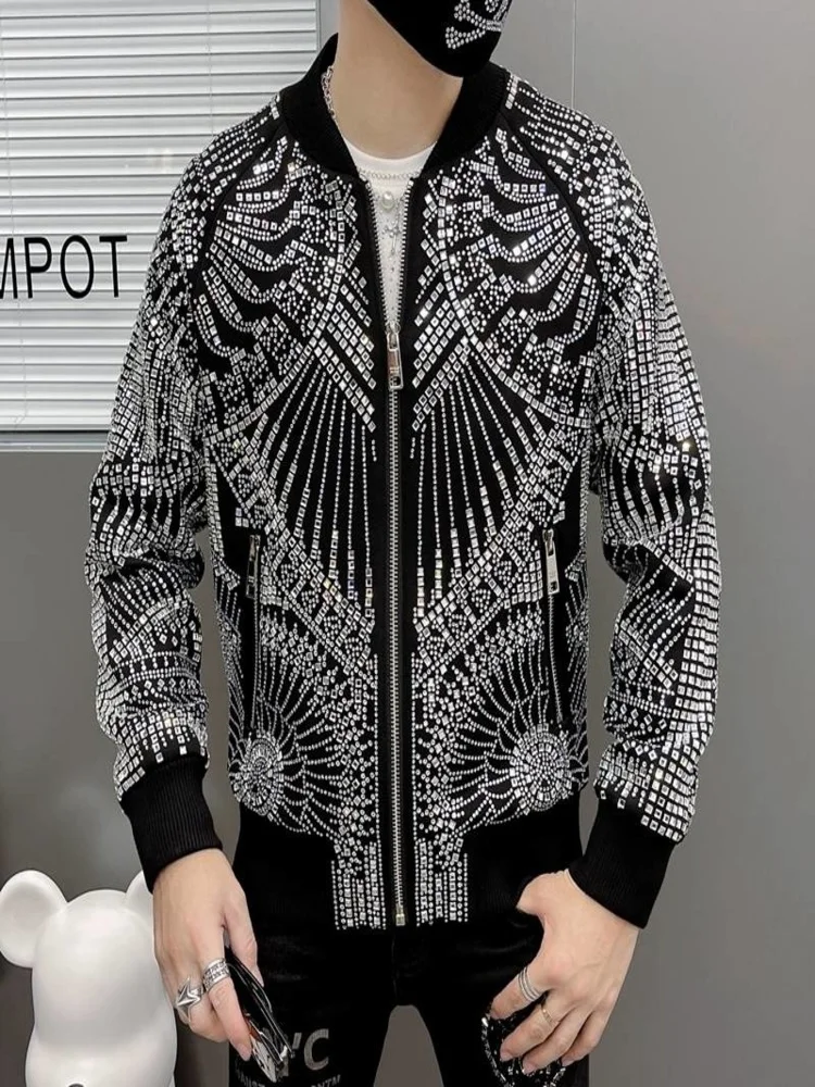 

European Luxury Brand Retro Jacket Men Jaqueta Bomber Diamond Coat Fashion Rhinestones Punk Club Outfit Slim