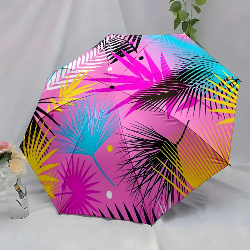 1PC Tropical Leaf Pattern Umbrella with Vibrant Colors Print 8 Iron Ribs Folding Umbrella Auto-Open Fashion Sunshade